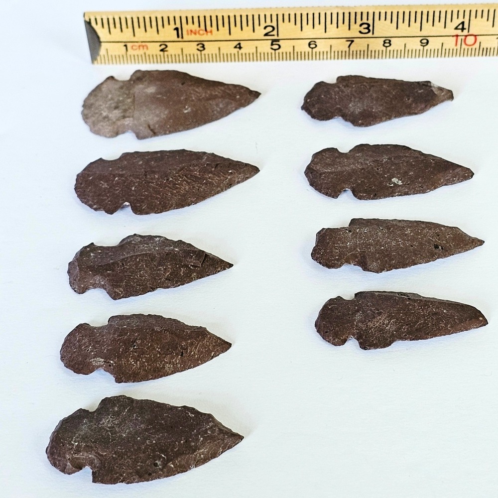 9pc Dark Brown Stone Arrowhead Set Hand Knapped Primitive Artifacts 1.5-2in
